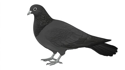 Fototapeta premium A stunning black mail pigeon, perched gracefully against a soft, neutral background. This elegant bird is depicted with its glossy feathers reflecting light, showcasing its vibrant black color.