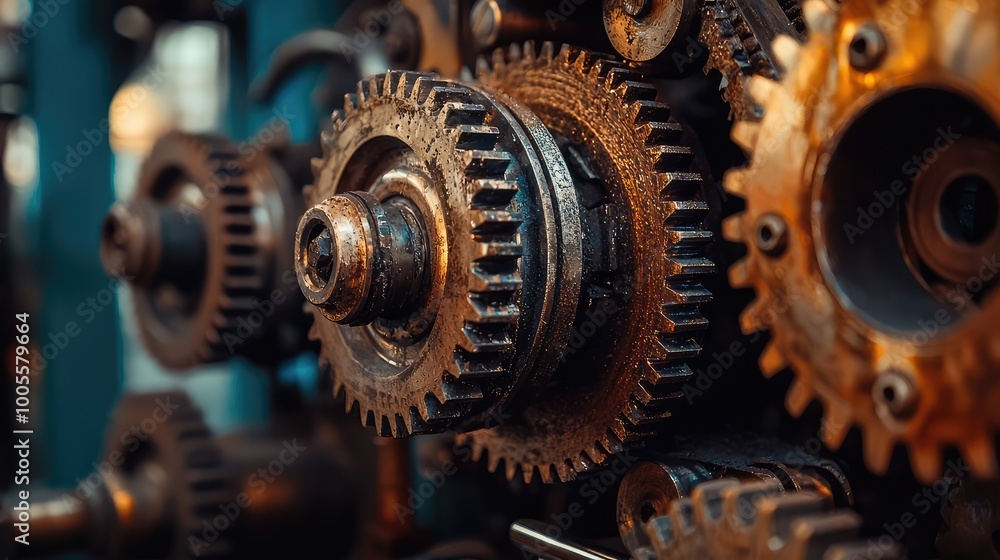Poster close-up of intricate metallic gears showcasing age and craftsmanship in a mechanical environment.