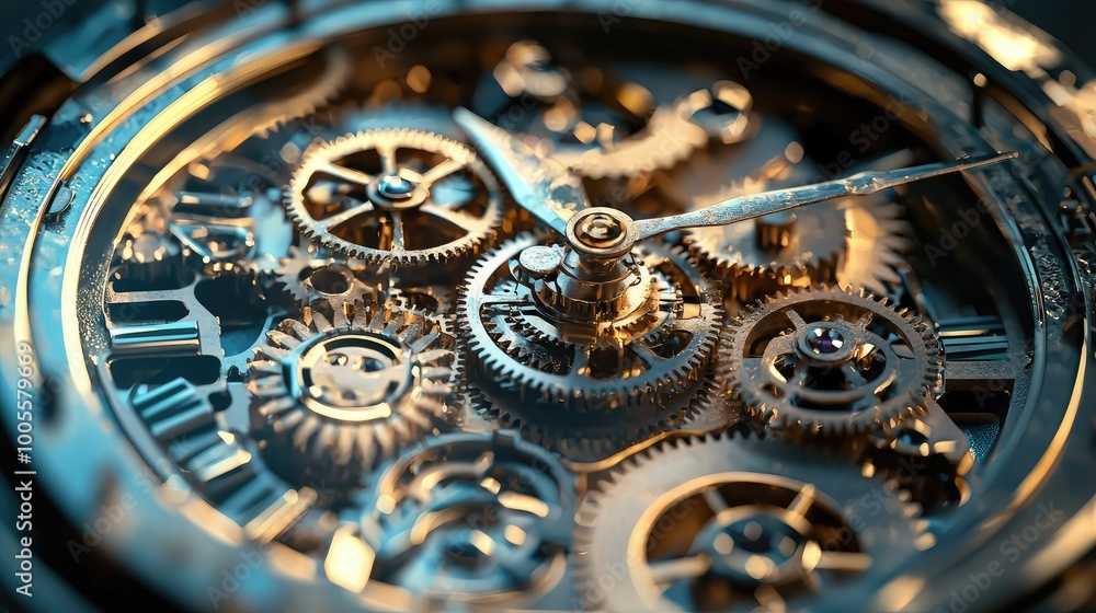 Poster close-up of intricate clockwork mechanism, showcasing golden gears and precise movement in a classic