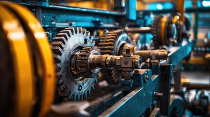 Obraz premium Close-up of industrial gears showcasing precision and engineering in a factory setting, illustrating mechanical excellence.