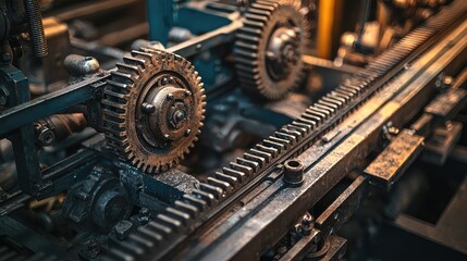 Fototapeta premium Close-up of industrial machinery showcasing gears and moving parts, reflecting the complexity of mechanical engineering.
