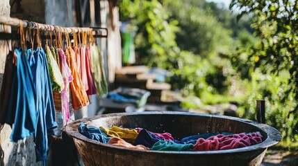 Obraz premium Colorful clothes drying in the sun beside a rustic wash basin, surrounded by nature and greenery.