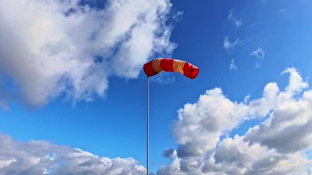 leicht im Wind wehende rot-wei&szlig;er Windsack vor blauem leicht bew&ouml;lkten blauem Himmel, Windrichtung, Windgeschwindigkeit, Wetter, Wetterbericht, Luftfahrt, Windrichtungsmesser