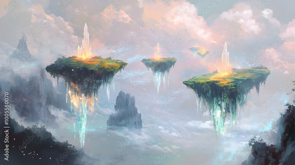 Poster ethereal floating dreamscape filled with glowing ethereal moss wispy clouds and shimmering crystalli