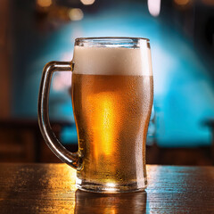 Generative artificial intelligence (AI) image of a full glass of frothy beer sitting on a brown wooden table top.
