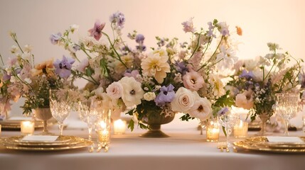 Elegant pastel themed wedding reception with delicate floral centerpieces gilded tableware soft candlelight and dreamy ambient lighting creating a cinematic