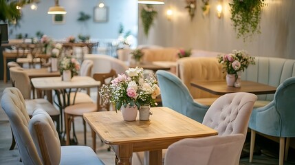 A cozy and inviting cafe setting with pastel colored walls warm wooden tables and plush upholstered chairs accented by delicate floral arrangements and vintage pendant lighting that creates a soft