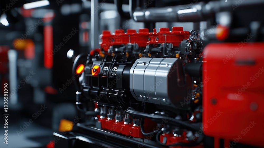 Poster close-up of a powerful engine showcasing intricate details and vibrant red components in a modern me
