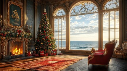 Fototapeta premium Luxuary room with Christmas tree with windows overlooking the ocean 