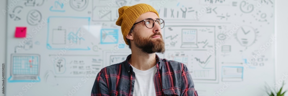 Poster a bearded man in a yellow beanie and glasses looks thoughtful while brainstorming in front of a whit