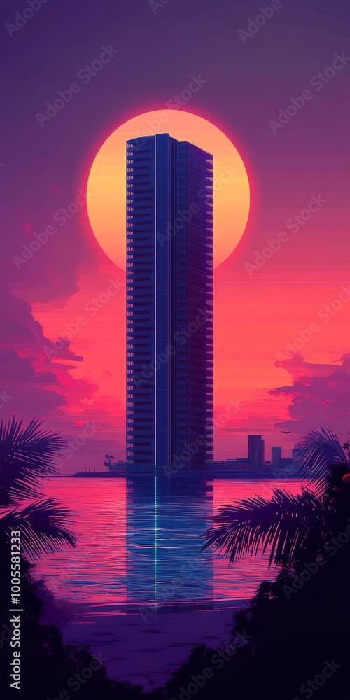 Poster minimalist representation of a synthwave-inspired skyscraper, featuring sleek lines.