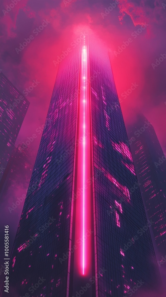 Poster minimalist skyscraper with retro-futuristic neon lights, emphasizing simplicity.