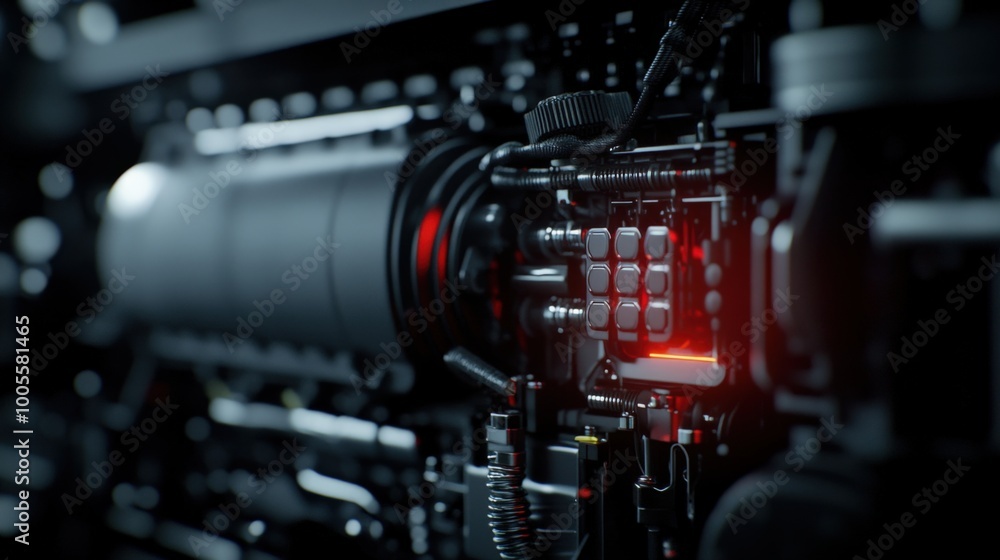 Poster close-up of a futuristic machine component with glowing red light showcasing intricate technology an