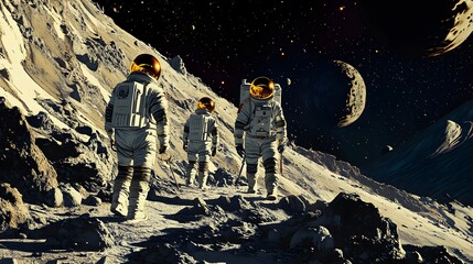 Obraz premium Astronauts exploring an asteroid 3D rendering. 