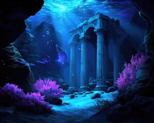 A mystical underwater scene featuring ancient ruins, vibrant coral, and ethereal light, creating a serene oceanic paradise.