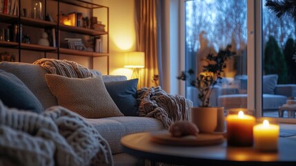 Cozy living room scene with candles, warm lighting, and comfortable decor, perfect for relaxation and evening gatherings.