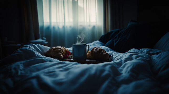 Romantic breakfast. Breakfast with croissants and coffee lying on the bed. Background for Valentine's Day, Anniversary, Birthday, Celebration etc. background. Cinematic dark mood.
