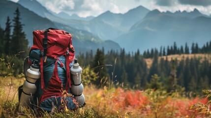 camp site camping supplies with back pack on a nature hike in the mountains by a camp site . Ai Generative.