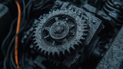 Close-up of a detailed, textured gear showcasing mechanical intricacies against a dark backdrop, perfect for industrial themes.