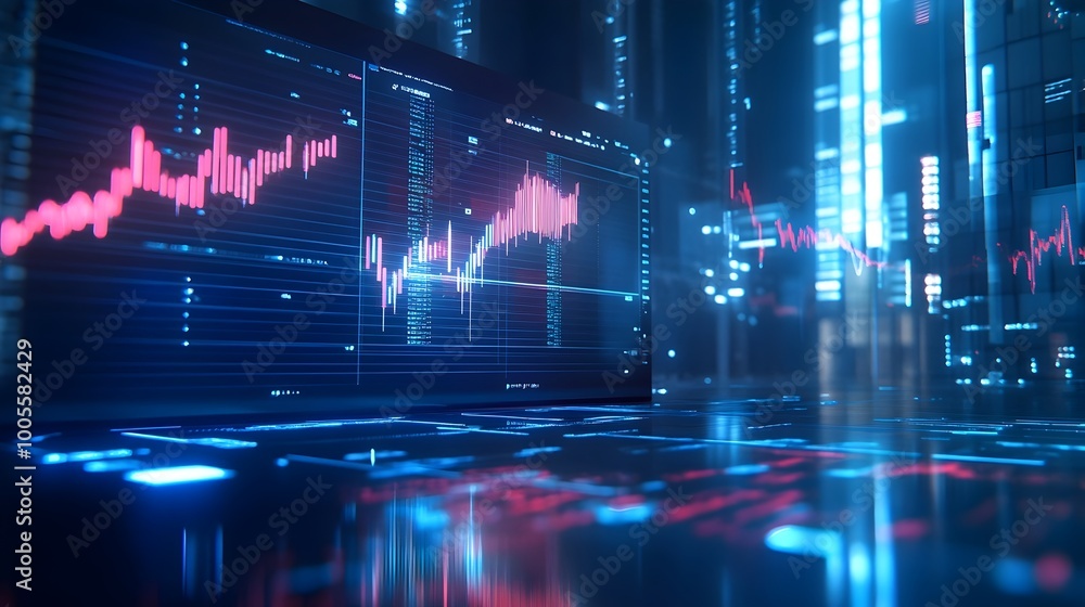 Poster sleek and futuristic holographic trading dashboard with glowing financial charts data visualizations