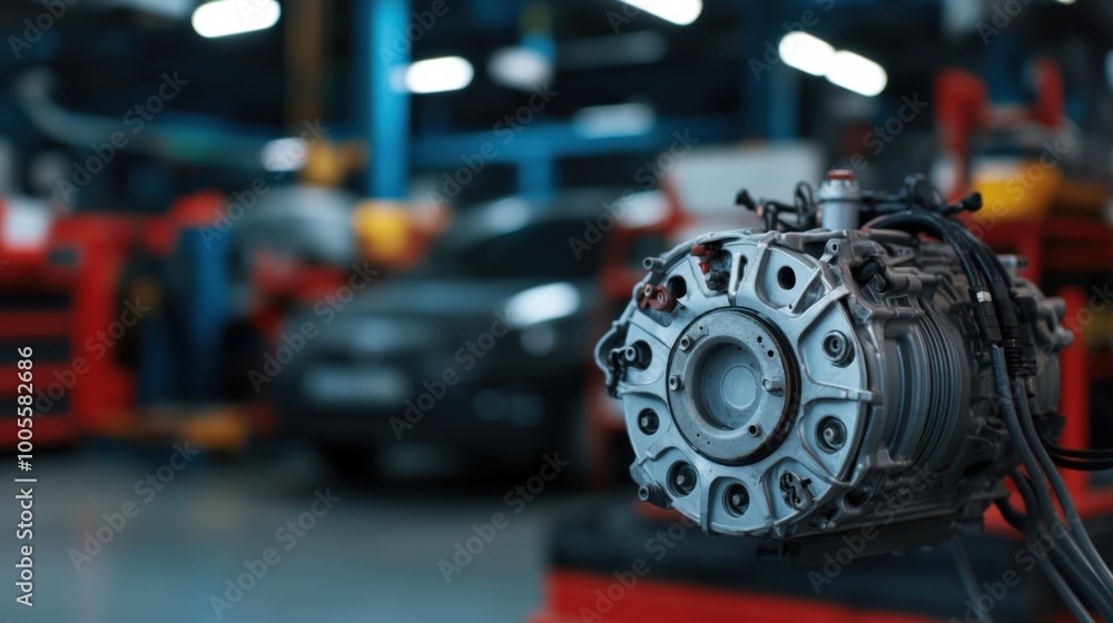Poster close-up of an engine component in a workshop, showcasing automotive machinery and tools in a profes