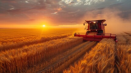 Fototapeta premium harvesting combine, wheat field, top view, sunset, wide angle , Ai Generative.