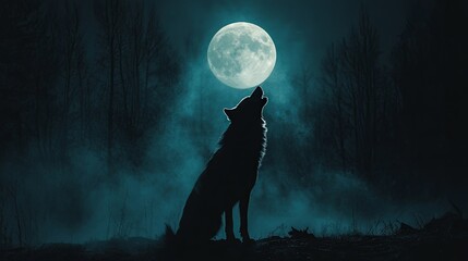 A silhouette of a howling wolf stands against a dark, foggy backdrop with a glowing full moon, creating an eerie atmosphere