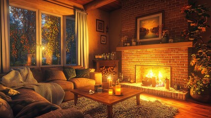 Cozy living room with warm lighting, fireplace, and comfortable furniture, creating a perfect ambiance for relaxation.