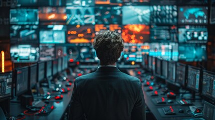 Obraz premium Ultra realistic photo of an OSINT based background checks analyst from behind in a computer complex for investigation, Ai Generative.