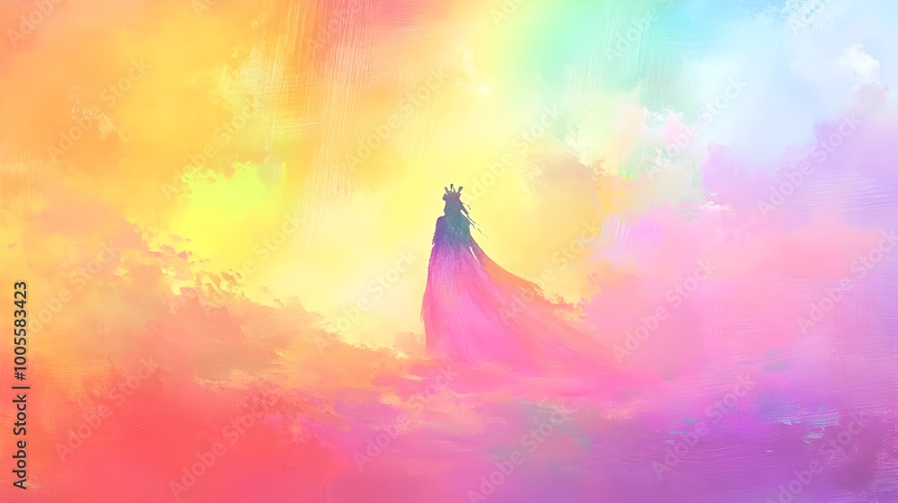 Poster whimsical fairytale inspired pastel rainbow backdrop with enchanting and imaginative characters feat