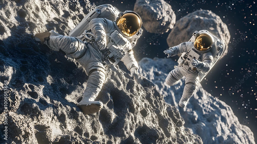 Wall mural astronauts exploring an asteroid 3d rendering.