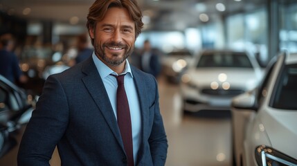 Fototapeta premium Confident Car Dealer in Dark Blue Suit Smiling in Modern Showroom with White Car Display