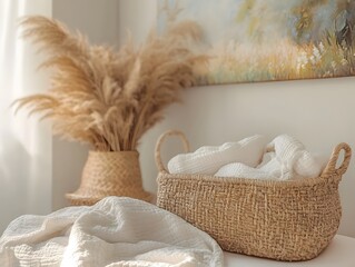 Serene Pastel Nursery with Organic Textures and Handwoven Natural Accents Tranquil Ambiance and Impressionistic Style Evoking a Nurturing and Peaceful Space