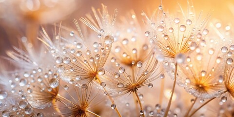 Raindrops adorn fragile dandelion parachutes, contrasting elegantly with a soft peach background, showcasing nature's