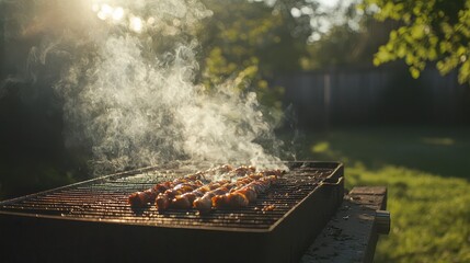 Delicious grilled meat on barbecue with smoke rising in a sunny backyard, perfect for summer gatherings and outdoor cooking.