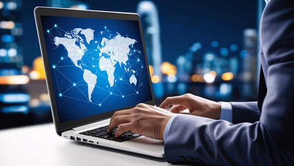 Image of a person using a laptop in the office, global network, communication cocept