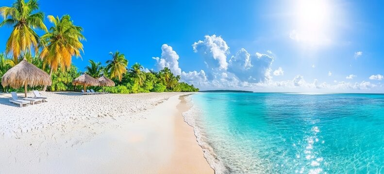 The beach consists of white sand with rolling waves of turquoise ocean against the background of white clouds in blue skies. The islands in the Maldives have great natural backdrops filled with color