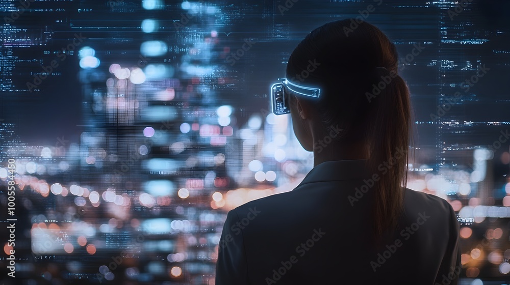 Poster confident businesswoman interacting with a futuristic augmented reality interface featuring advanced