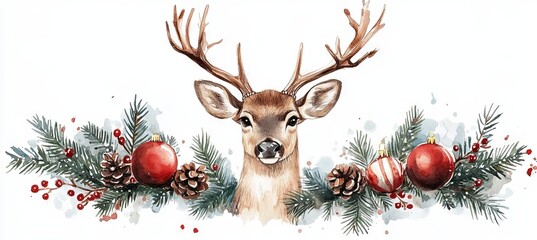 watercolor illustration of head of a deer with christmas decoration, banner  © Kateryna Kordubailo