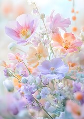 Vibrant Pastel Hued Floral Arrangement with Delicate Petals and Soft Romantic Ambiance  Elegant display of various blooming flowers in soft pastel tones