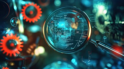 A conceptual image illustrating the implementation of SEO strategies, featuring a dynamic arrangement of magnifying glasses focused on website analysis, alongside competitor comparison charts
