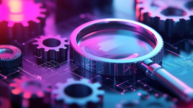 A conceptual image illustrating the implementation of SEO strategies, featuring a dynamic arrangement of magnifying glasses focused on website analysis, alongside competitor comparison charts