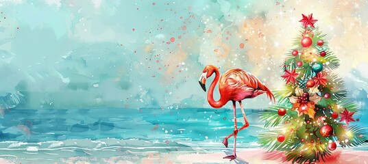 A vintage watercolor illustration of a flamingo wearing a sweater, holding a Christmas tree adorned with a glowing garland against a tropical beach backdrop.