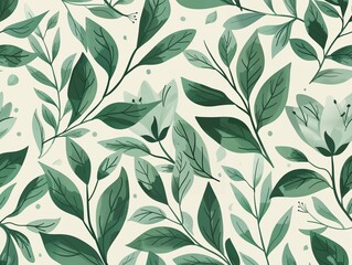 A seamless botanical pattern featuring green leaves against a light background. The vibrant, hand-drawn leaves create a fresh and natural aesthetic, perfect for nature-inspired designs.