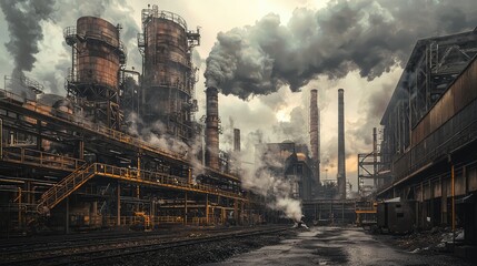 Naklejka premium Dramatic view of an industrial factory with towering smokestacks and clouds of smoke billowing into the sky.