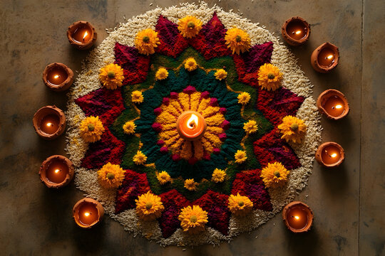 A top-down view of a vibrant and intricate rangoli design during Diwali festival