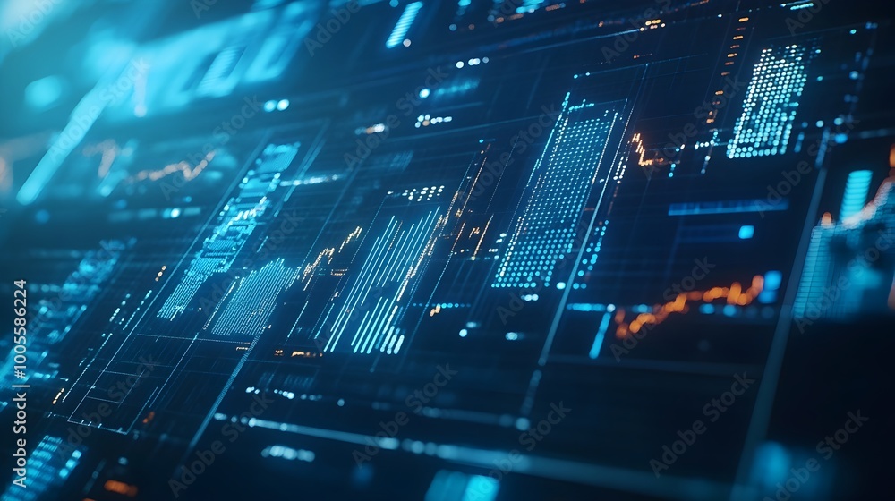 Poster sophisticated corporate analytics dashboard displayed in augmented reality with futuristic blue and 