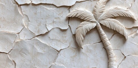 Wallpaper in the interior of a room featuring tropical tall trees on a textured background