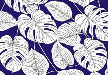 Photo wallpapers for the walls. Tropical leaves on a grunge blue background.