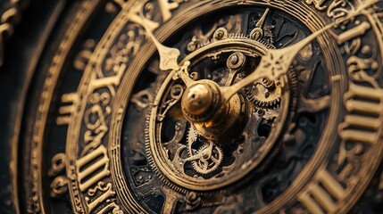 Obraz premium Elegant close-up of an antique clock's intricate gears, showcasing vintage craftsmanship and timeless beauty in design.